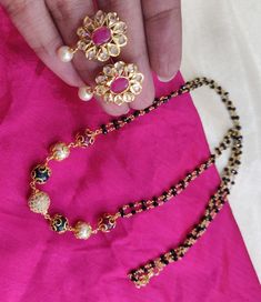 Stunning one gram gold black bead chain with matching earrings.  25 October 2019 25 October, Black Bead Necklace, Saree Dress, Bead Chain, Gold Jewellery Design, Bangles Jewelry, Gold Jewelry Fashion