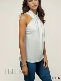 Ebeek - Womens Summer Sleeveless Halter Criss Cross Top – Casual Solid Color, Stylish Apparel Versatile Sleeveless Tank Top, Versatile Sleeveless Vest Top, Versatile Sleeveless Tops, Versatile Solid Sleeveless Blouse, Versatile White Halter Top, Versatile Sleeveless Halter Top, Versatile Solid Color Sleeveless Halter Top, Criss Cross Top, Cross Top