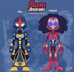 two cartoon characters are standing next to each other in front of a blue background with text that reads,'marvel adventures iron heart '