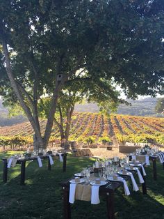 a table set up in the middle of a field for an outdoor dinner party with white linens and place settings