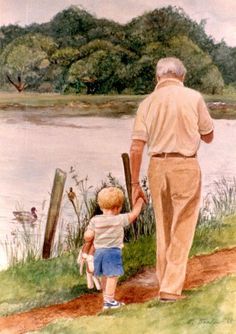 an older man holding the hand of a young boy as they walk towards a body of water