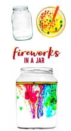 there is a jar with paint on it and the words fireworks in a jar above it