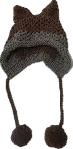 a knitted hat with a cat on it's brim and two pom poms