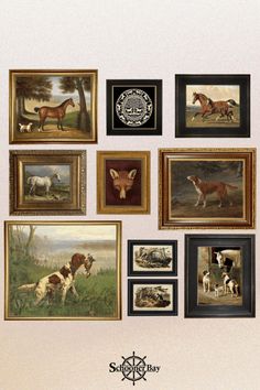 a group of framed pictures with horses and dogs on them