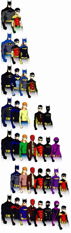 a group of people dressed up as batmans in different colors and sizes, all standing together