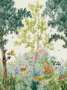 a painting of animals and plants in the woods