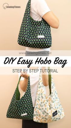 the easy to sew hobo bag is made from two different fabrics, one in green and white