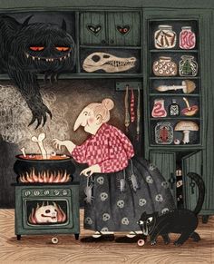 a painting of a woman cooking food in front of a black cat and other items