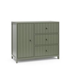 a green cabinet with three drawers on one side and two doors at the other end