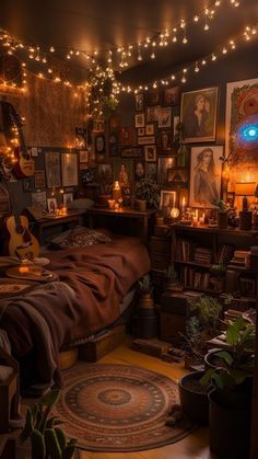 a bedroom with lots of lights and pictures on the wall above the bed, along with plants