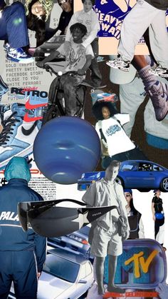 a collage of photos with people and cars in the middle one has a helmet on his head