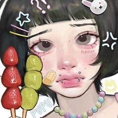 a woman with black hair and piercings is holding a candy lollipop in front of her face