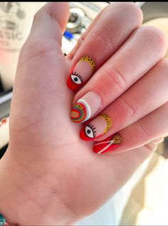 Nails, nail art, red nails, eye nails, Picasso Nail Art, Red Nails With Nail Art, Nails Rojas Cortas, Fun Red Nails, Trendy Red Nails, Pink Red Nails, Trendy Nails Red, French Nail Art Designs, Designs On Nails