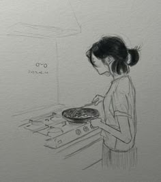 a drawing of a woman cooking in the kitchen