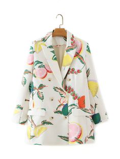 Multicolor Casual Collar Long Sleeve Polyester Fruit&Vegetable Regular Embellished Non-Stretch Spring/Fall Women Suits Blazer Casual, Ladies Blazer, Chic Tops, Fall Fit, Coat Vintage, Lemon Print, Chic Top, Fruit Print, Printed Blazer