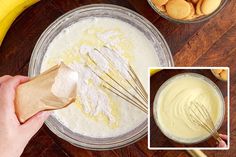 a person mixing batter in a bowl next to bananas and other ingredients on a wooden table