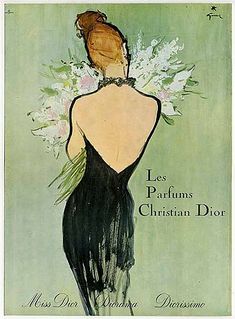 a painting of a woman in a black dress with flowers on her back and the words les parfums written below it