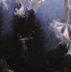 a painting with white flowers floating in the air and two people standing near by,