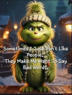 the grinch is wearing a hat and scarf with words that read sometimes i just don't like people they make me want to say bad words