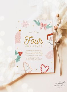 a pink and gold christmas party card sitting on top of a table