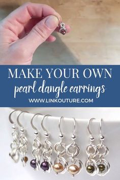 a hand holding a pair of earrings with the words make your own pearl dangle earrings