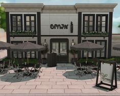 an animated rendering of a restaurant with umbrellas and chairs outside the front door,