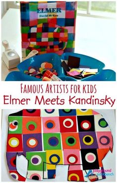 an elephant made out of colored paper and some other items on a table with the title, famous artists for kids elmer meets kandinskiy