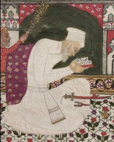 an old painting of a man sitting in front of a mirror with his hand on a book