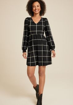 24/7 Windowpane Long Sleeve Mini Dress - Materials & Care:imported - 94% polyester 6% spandex - machine wash New Jeans Top, Adaptive Clothing, Skirt Crop, Curvy Jeans, Midi Maxi Dress, List Style, Plus Dresses, Long Sleeve Mini, Long Sleeve Mini Dress