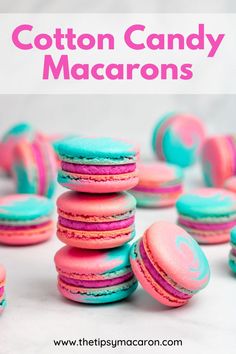 colorful macarons are stacked on top of each other with the words cotton candy macaroons above them