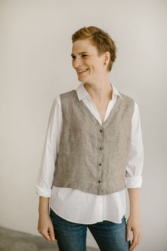 Linen women vest designed quite loose image. This vest will be the definite hit in your wardrobe whenever you want to create a sophisticated style and make a statement. The fabric is certified 100% European linen. This guarantees that it meets human - ecological requirements. Linen is a natural, comfortable and breathable fabric that grows softer with age. The linen we use for this item is medium weight (185 g). We prewash the fabrics, but we do not iron them since linen has a naturally relaxed White Linen Sleeveless Vest, Summer Linen Vest For Layering, Summer Layering Linen Vest, Elegant White Linen Tank Top, Linen Sleeveless Vest For Layering, White Linen Casual Vest, Casual Linen Vest For Layering, Classic Linen Vest For Work, White Linen Vest For Workwear