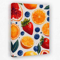 a painting of oranges, strawberries, and blueberries on a white background Orange Paintings, Fruits Art, Navy Blue Art, Orange Painting, Orange Wall Art, Simple Joys, Purple Art, Yellow Art