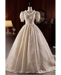 Get 10% off now! Buy ivory vintage ballgown wedding dress vneck with short sleeves at cheap price online. Free stable shipping and pro custom service since 2009. Vintage Ballgown, Delicate Gown, Wedding Dresses 50s, Ballgown Wedding Dress, Ballgown Wedding, Fantasy Dresses, Wedding Dresses Beaded, 16 Dresses, Wedding Gowns Vintage