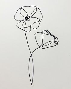 a black and white drawing of two flowers on a white background, with one single flower in the foreground