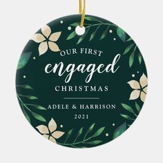 personalized christmas ornament with red and green leaves on black background, round