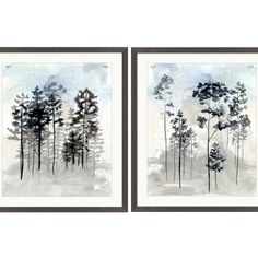 two framed paintings with trees on them