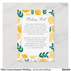 a wedding card with lemons and leaves on the front, which reads wishing well