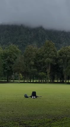 a person laying on the ground in a field with trees and mountains behind them, under a cloudy sky