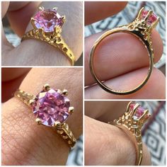 three pictures of an engagement ring with pink stones