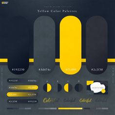 the yellow and black color palettes are arranged in different shapes, sizes, and colors