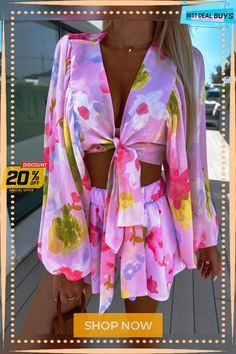 Chic V-neck Chiffon Shirt with Pleated Lantern Sleeves and Matching Elastic-waist Straight Shorts In A Stylish Print Chiffon Shirt, Lantern Sleeves, Womens Bottoms, Lanterns, Elastic Waist, Chiffon, Womens Shorts, V Neck, Elastic