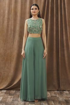 Buy Green Georgette Embroidery Thread Round Crop Top And Palazzo Set For Women by Gaurav Katta Online at Aza Fashions. Plazzo Sets Indian Wedding, Plazzo With Top Outfit Traditional, Crop Top With Pants Indian, Crop Top Palazzo Indian, Party Wear Palazzo With Crop Top, Traditional Palazzo And Crop Top, Green Plazo Outfit, Palazzo Skirt Outfit, Plazzo Set Designs