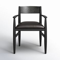 a wooden chair with black leather upholstered seat and arm rests on an isolated white background