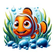 an orange clown fish swimming in the ocean with bubbles and seaweeds around it