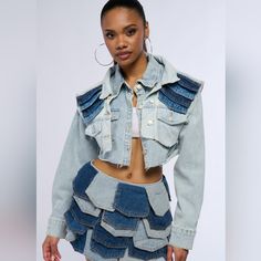 Crop Two In One Denim Vest And Jacket Light Wash Denim Cropped Jacket With Pockets, Trendy Blue Cropped Jacket With Pockets, Light Wash Long Sleeve Cropped Denim Jacket, Trendy Denim Cropped Jacket With Pockets, Denim Crop Jacket, Jean Jackets, Crop Jacket, Denim Vest, Jean Coat