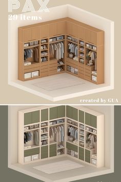 an open closet with clothes hanging on the walls and below it, next to another closed closet