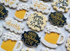 decorated cookies with beer and happy birthday sayings