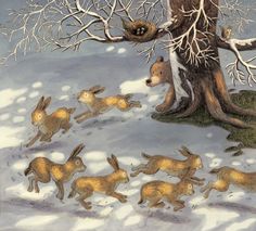 an illustration of rabbits running around a tree in the snow with their tails curled up