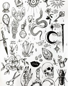 an ink drawing of various tattoos and designs