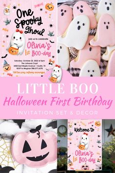 the little boo halloween first birthday party is set up in pink and white with black accents